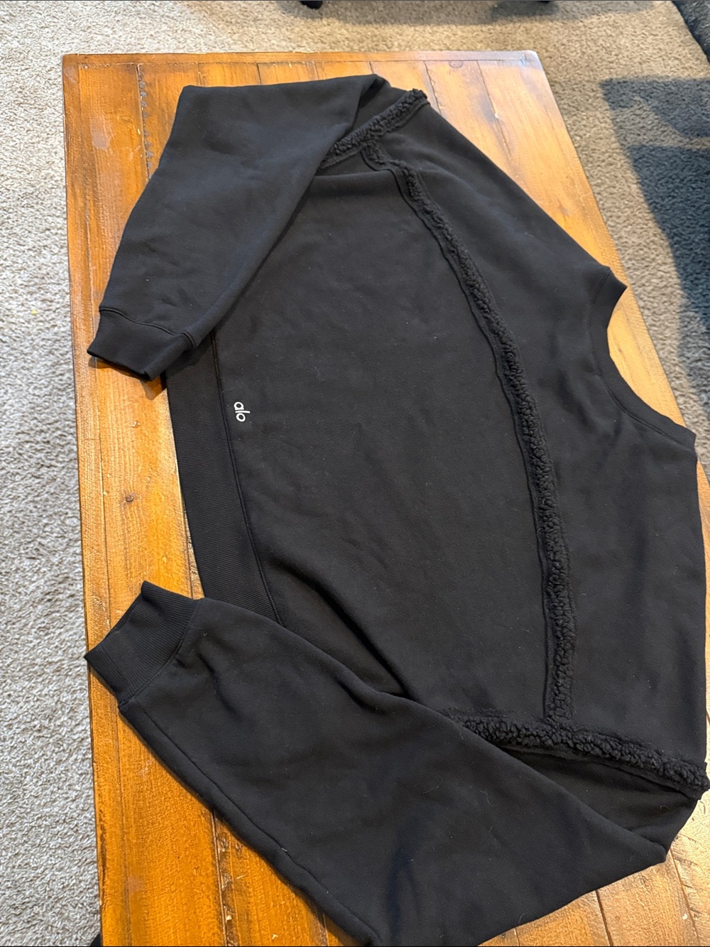 ALO Yoga Black Crew Sweatshirt with Fringe Seam Detail